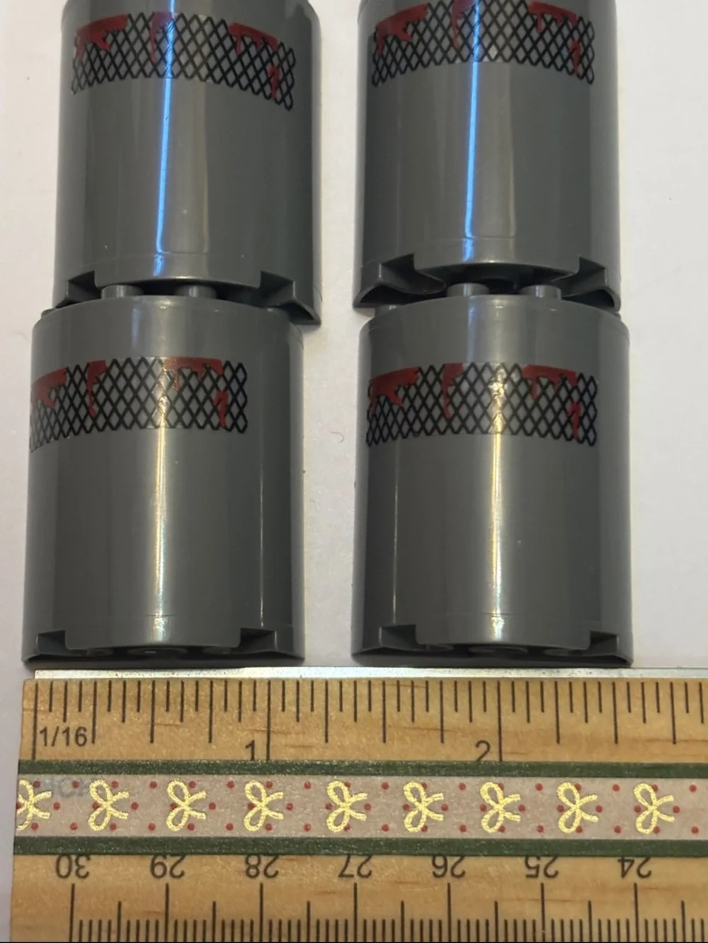 LEGO Dark Bluish Gray Cylinder with Red and Black Mesh Print (4)